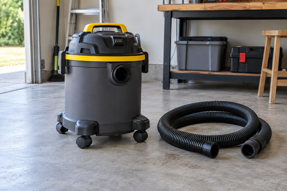 Workshop canister vacuum with its hose coiled beside it.