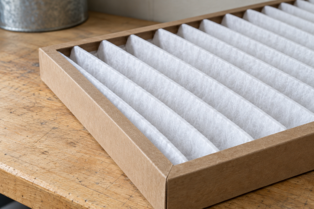 Pleated filter media and cardboard edge of a clean HVAC filter.