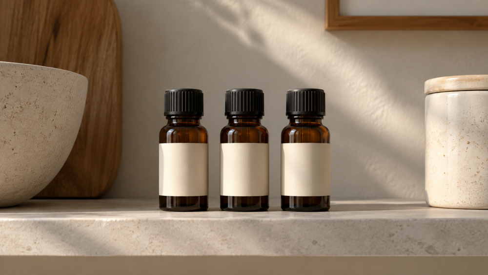 Three closed amber bottles with blank labels
