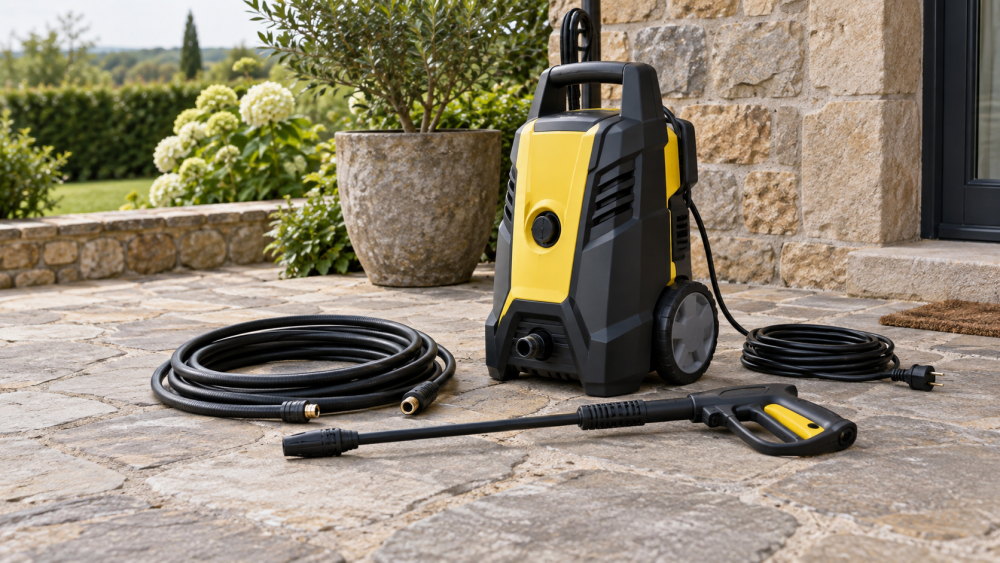 Electric pressure washer with a hose and spray lance on a patio.