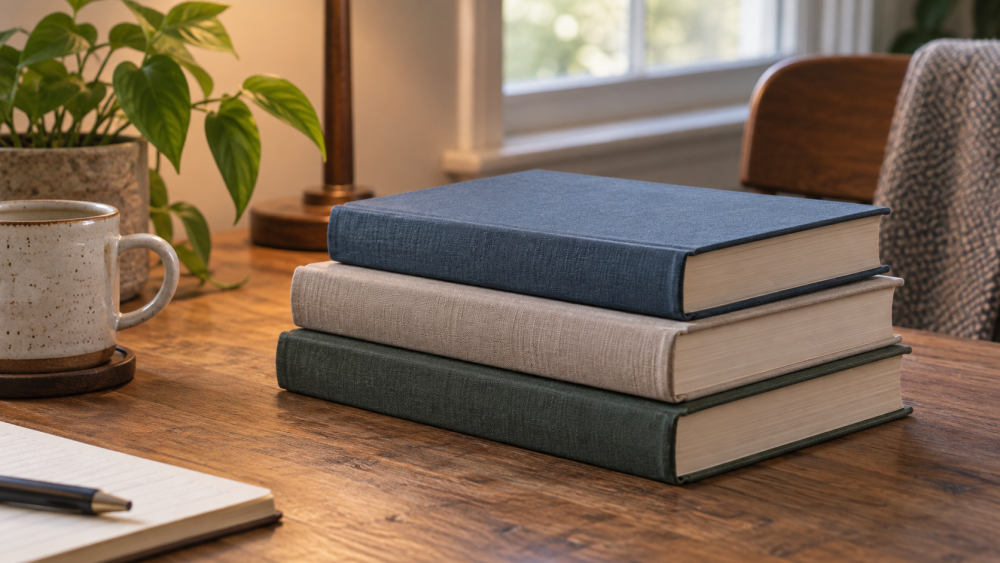 Three closed hardcover books stacked on a reading desk