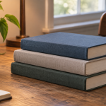 Three closed hardcover books stacked on a reading desk