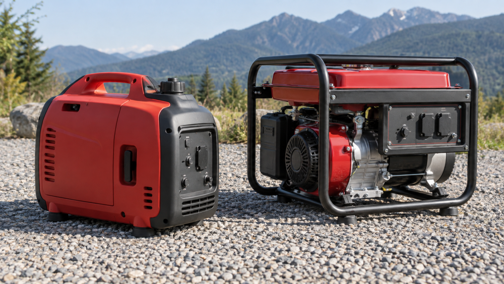 Enclosed portable generator and separate open-frame generator on outdoor gravel.