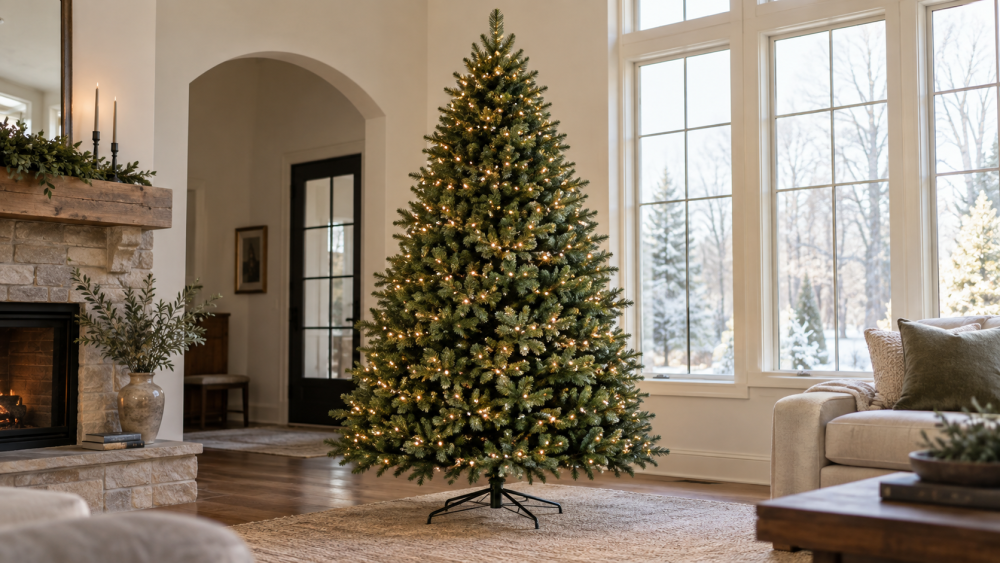 Green artificial Christmas tree with warm-white lights in a living room.