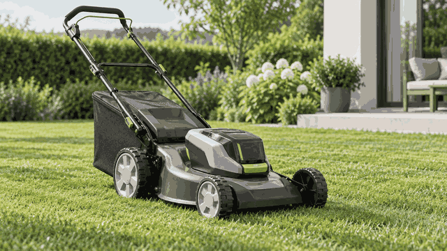 Walk-behind lawn mower on a green lawn