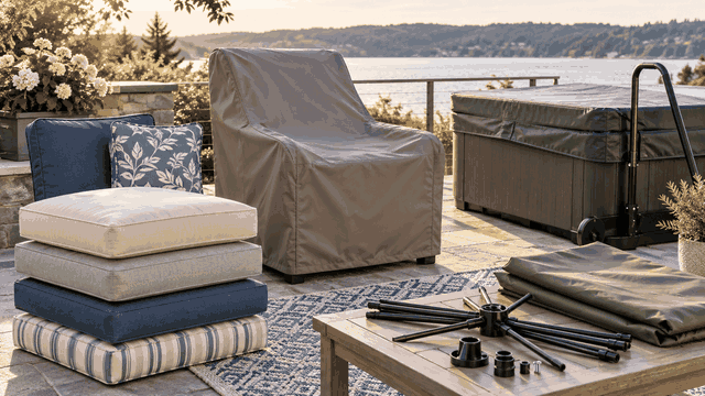 Patio cushions, furniture cover, spa cover/lifter, outdoor rug and umbrella ribs/fittings.