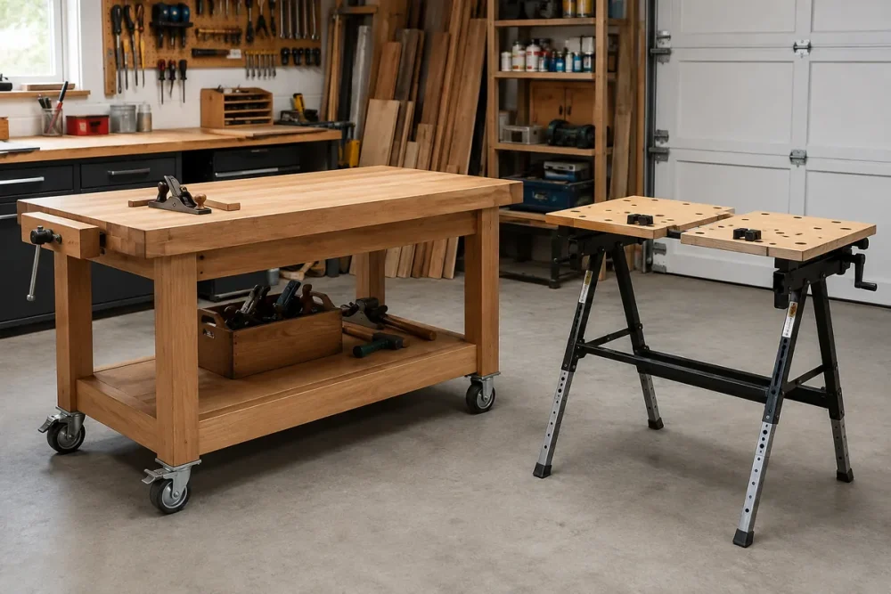 Wooden workbench on locking casters beside a portable folding workbench with adjustable-height legs