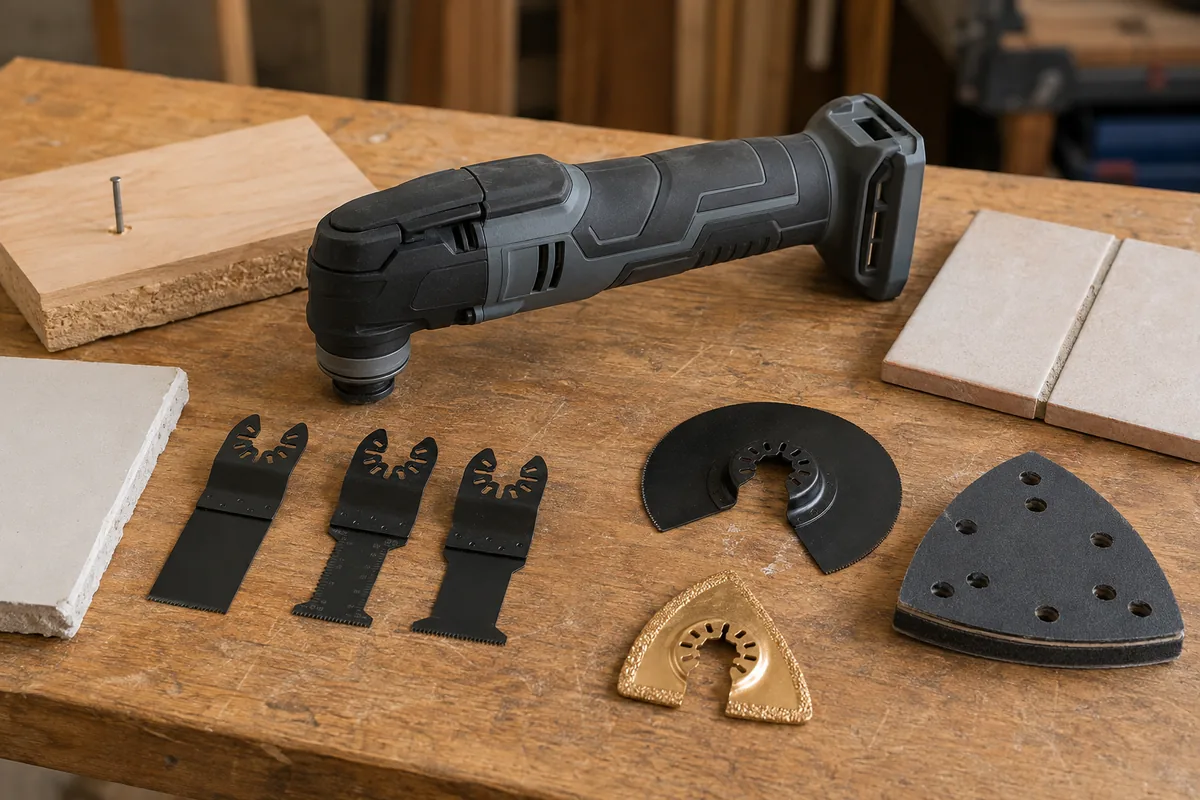 Cordless oscillating multi-tool with plunge blades, segmented blades and sanding pad beside wood, drywall and tiles