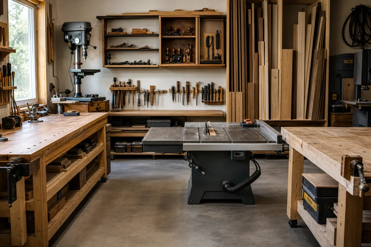 Stationary table saw between wooden workbenches in an organized woodworking shop